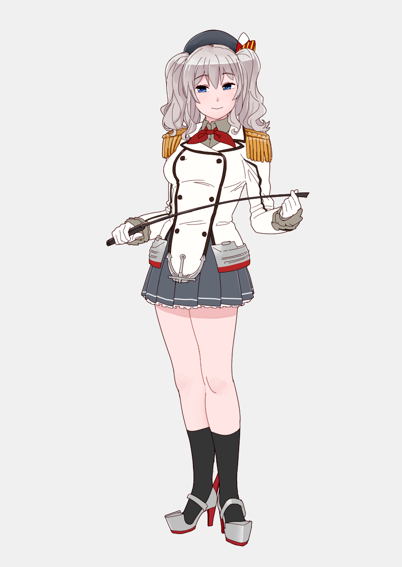 beret black_hat black_legwear blue_eyes buttons epaulettes eyebrows_visible_through_hair full_body gloves grey_skirt hat high_heels jacket kantai_collection kashima_(kantai_collection) kneehighs long_sleeves looking_at_viewer military_jacket neckerchief ojipon pleated_skirt red_neckwear silver_hair simple_background skirt smile socks solo twintails wavy_hair white_background white_gloves white_jacket