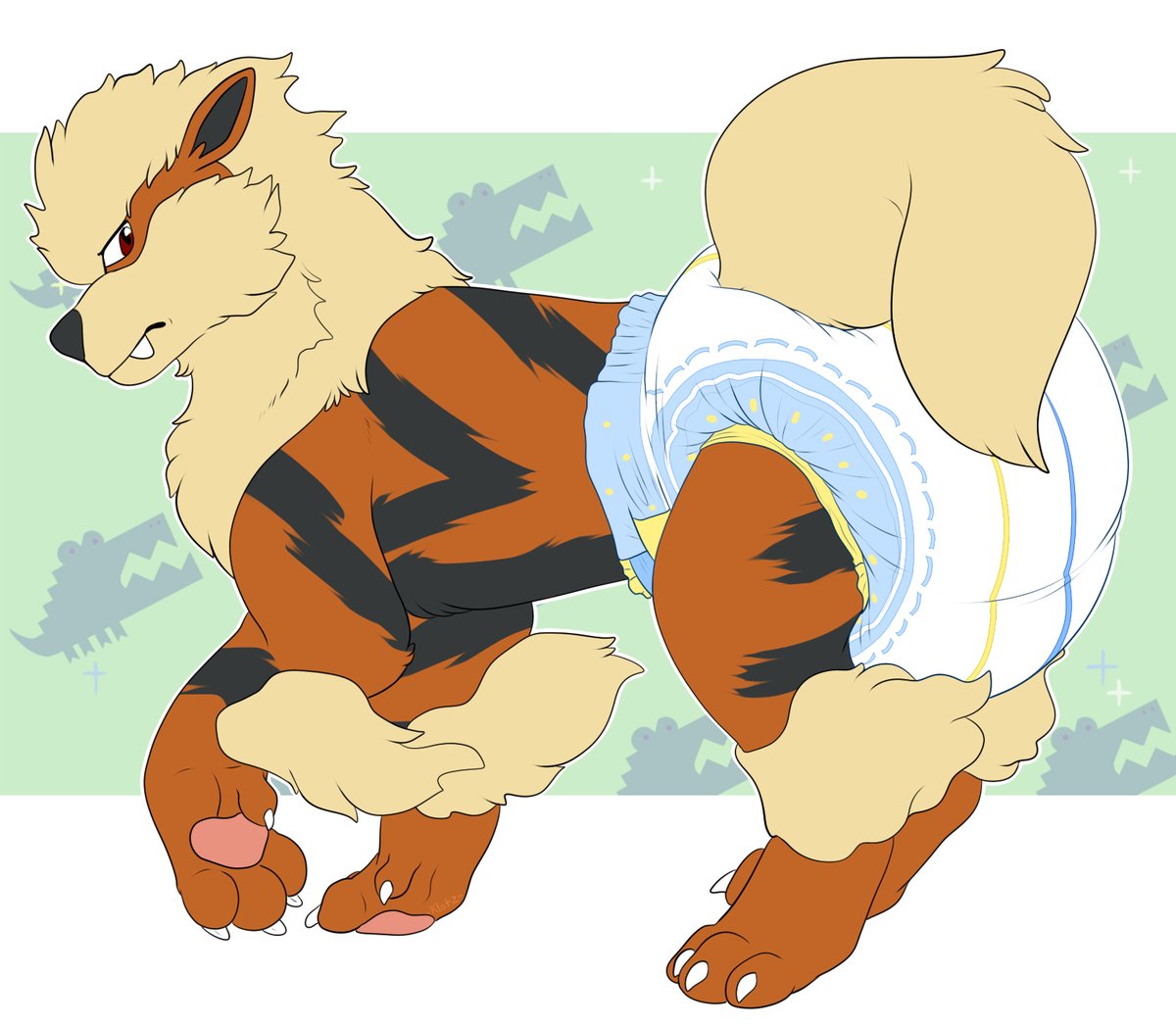 ambiguous_gender arcanine carnival-tricks claws diaper feral nintendo pawpads pok&eacute;mon pok&eacute;mon_(species) standing video_games