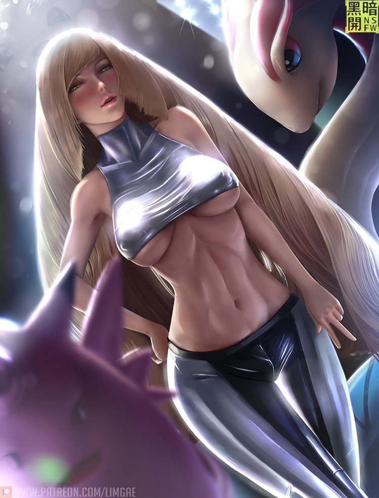 alternate_costume armpits artist_name bangs bare_arms bare_shoulders blonde_hair blurry blurry_background blush breasts breasts_apart clefable covered_nipples crop_top crop_top_overhang depth_of_field dutch_angle gen_1_pokemon gen_3_pokemon green_eyes hand_on_hip large_breasts leggings lens_flare light_smile limgae lips long_hair looking_at_viewer lusamine_(pokemon) milotic navel parted_bangs parted_lips pokemon pokemon_(creature) pokemon_(game) pokemon_sm realistic reflective_eyes shiny shiny_clothes shiny_hair sleeveless standing thigh_gap toned underboob v very_long_hair watermark web_address