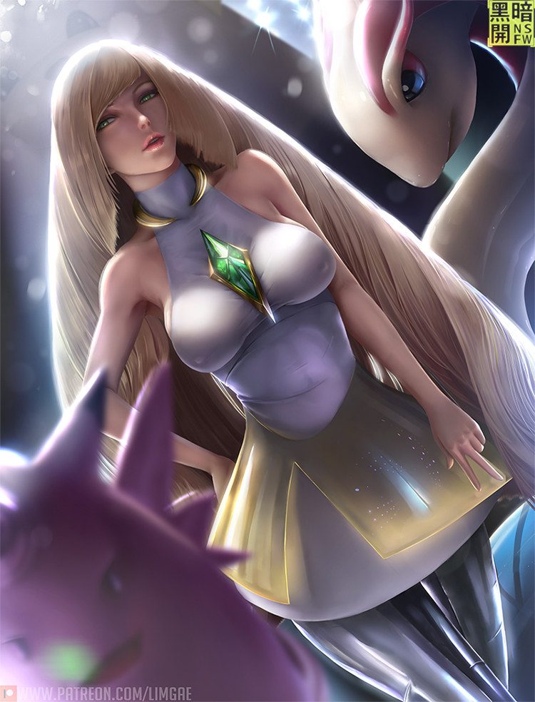 armpits artist_name bangs bare_arms bare_shoulders between_breasts blonde_hair blurry blurry_background breasts breasts_apart clefable covered_nipples depth_of_field dress dutch_angle emerald gem gen_1_pokemon gen_3_pokemon green_eyes hand_on_hip large_breasts layered_dress leggings lens_flare light_smile limgae lips long_hair looking_at_viewer lusamine_(pokemon) milotic parted_bangs parted_lips pink_lips pokemon pokemon_(creature) pokemon_(game) pokemon_sm realistic reflective_eyes shiny shiny_clothes shiny_hair sleeveless sleeveless_dress standing v very_long_hair watermark web_address white_dress
