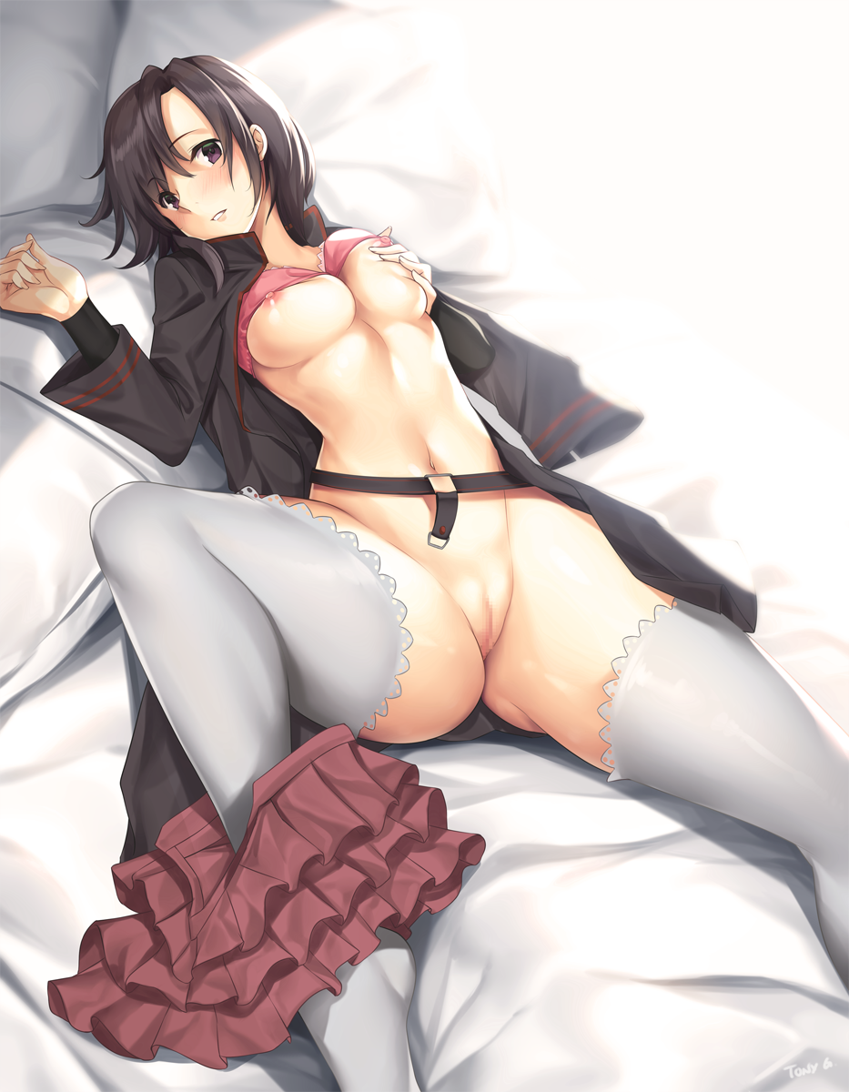 bangs belt black_coat black_hair blush bra bra_lift breasts censored commentary d.gray-man eyebrows_visible_through_hair hand_on_own_chest highres lenalee_lee lying medium_breasts mosaic_censoring navel nipples on_back parted_lips pink_bra purple_eyes pussy short_hair skirt skirt_removed solo spread_legs thighhighs thighs tony_guisado underwear white_legwear