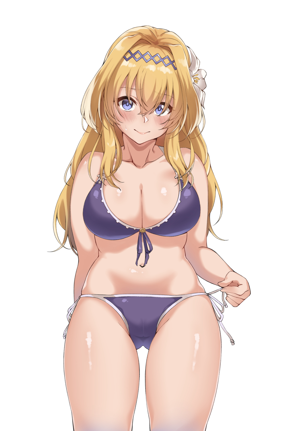 ass_visible_through_thighs bikini blonde_hair blue_eyes blush breasts cameltoe cleavage closed_mouth collarbone drawstring flower front-tie_bikini front-tie_top granblue_fantasy hair_between_eyes hair_flower hair_intakes hair_ornament hairband highres jeanne_d'arc_(granblue_fantasy) large_breasts lily_(flower) long_hair looking_at_viewer navel purple_bikini simple_background solo spicy_moo sweatdrop swimsuit white_background white_flower