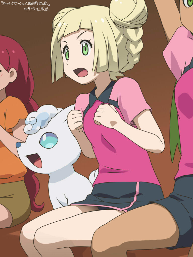 alolan_form alolan_vulpix alternate_costume alternate_hairstyle awa black_shorts black_skirt blonde_hair dark_skin double_bun green_eyes hair_up lillie_(pokemon) long_hair mao_(pokemon) multiple_girls open_mouth orange_shirt panties pantyshot pantyshot_(sitting) pink_shirt pokemon pokemon_(anime) pokemon_(creature) pokemon_sm_(anime) red_hair shirt short_sleeves shorts sitting skirt sportswear tennis_uniform translation_request underwear