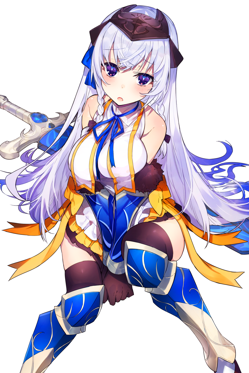 bangs bare_shoulders between_legs blue_eyes blue_neckwear blue_ribbon blush braid breasts character_request commentary_request dress eyebrows_visible_through_hair feet_out_of_frame hair_between_eyes hand_between_legs headgear headpiece highres large_breasts lavender_hair long_hair looking_at_viewer mika_pikazo neck_ribbon onii-chan......koko_de_nara_sukitte_itte_mo_iin_da_yo_ne? parted_lips pelvic_curtain purple_eyes ribbon scabbard sheath simple_background sitting sword thighhighs weapon white_background
