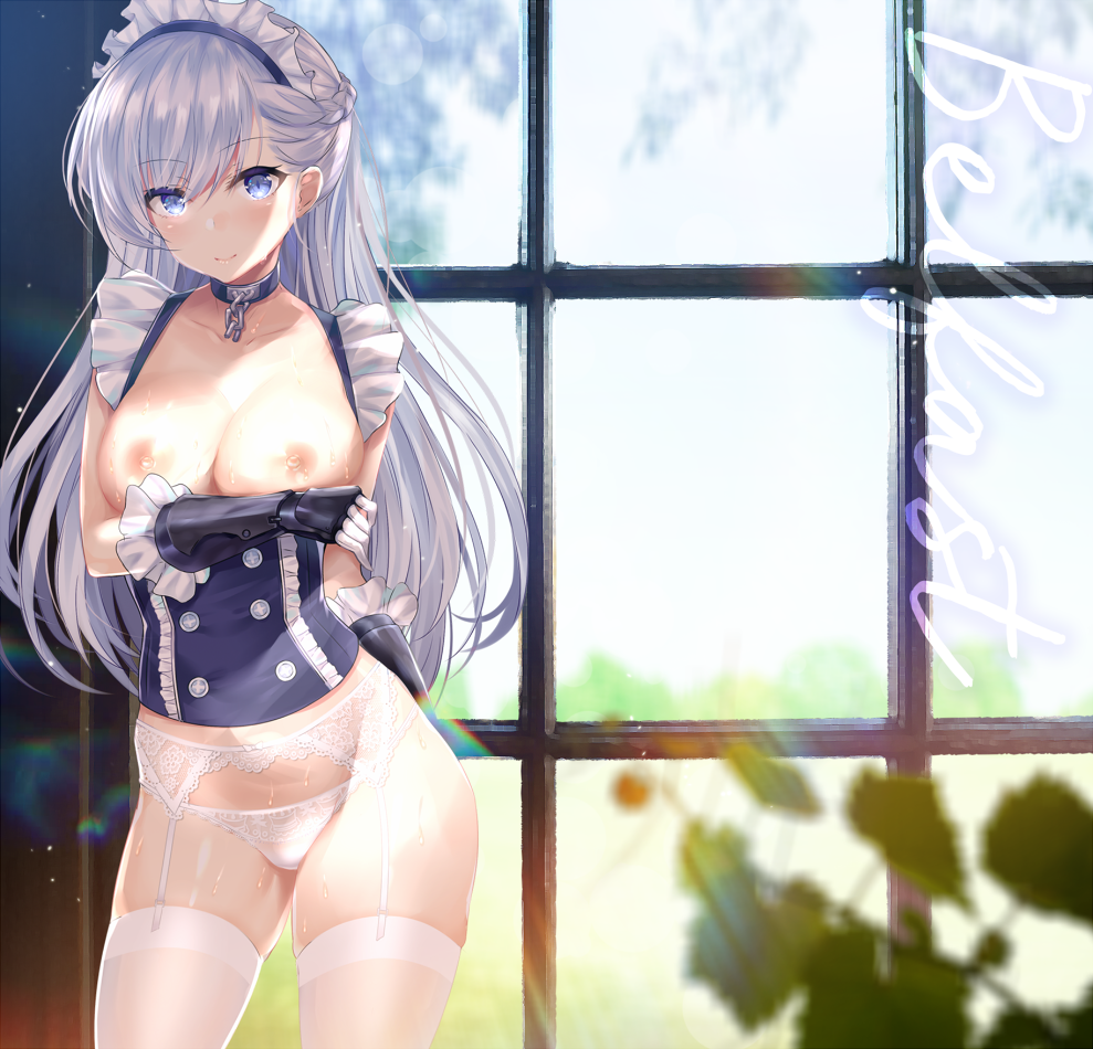 areolae arm_across_chest azur_lane bangs belfast_(azur_lane) blue_eyes blush braid breasts chain character_name cleavage collar collarbone corset cowboy_shot double-breasted ero_waifu eyebrows_visible_through_hair french_braid frills garter_straps gauntlets gloves hair_between_eyes indoors lace lace-trimmed_panties large_breasts lingerie long_hair looking_at_viewer maid maid_headdress nipples no_pants panties shiny shiny_skin sidelocks silver_hair skindentation smile solo standing sunlight sweat sweatdrop thighhighs thighs underwear white_gloves white_legwear white_panties window