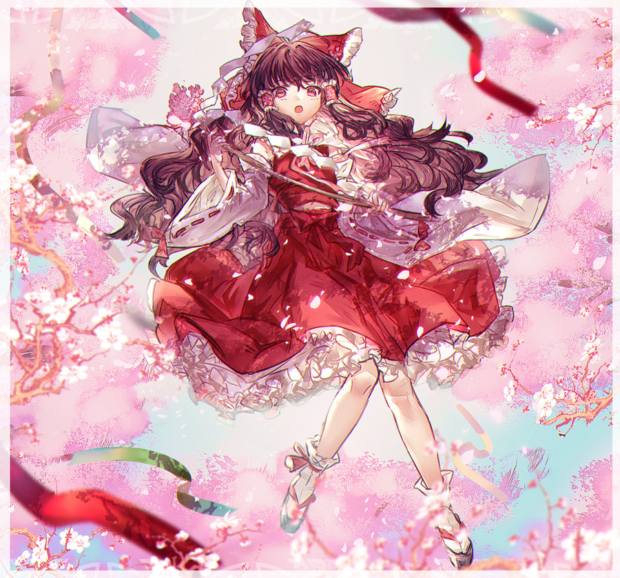 :o ascot bow branch brown_hair cherry_blossoms commentary detached_sleeves floral_print frilled_bow frilled_hair_tubes frilled_skirt frills full_body hair_bow hair_tubes hakurei_reimu holding knees_together_feet_apart long_hair looking_at_viewer midriff_peek nontraditional_miko pink_eyes red_bow red_shirt red_skirt ribbon-trimmed_sleeves ribbon_trim sandals shionty shirt sidelocks skirt solo tabi touhou wide_sleeves