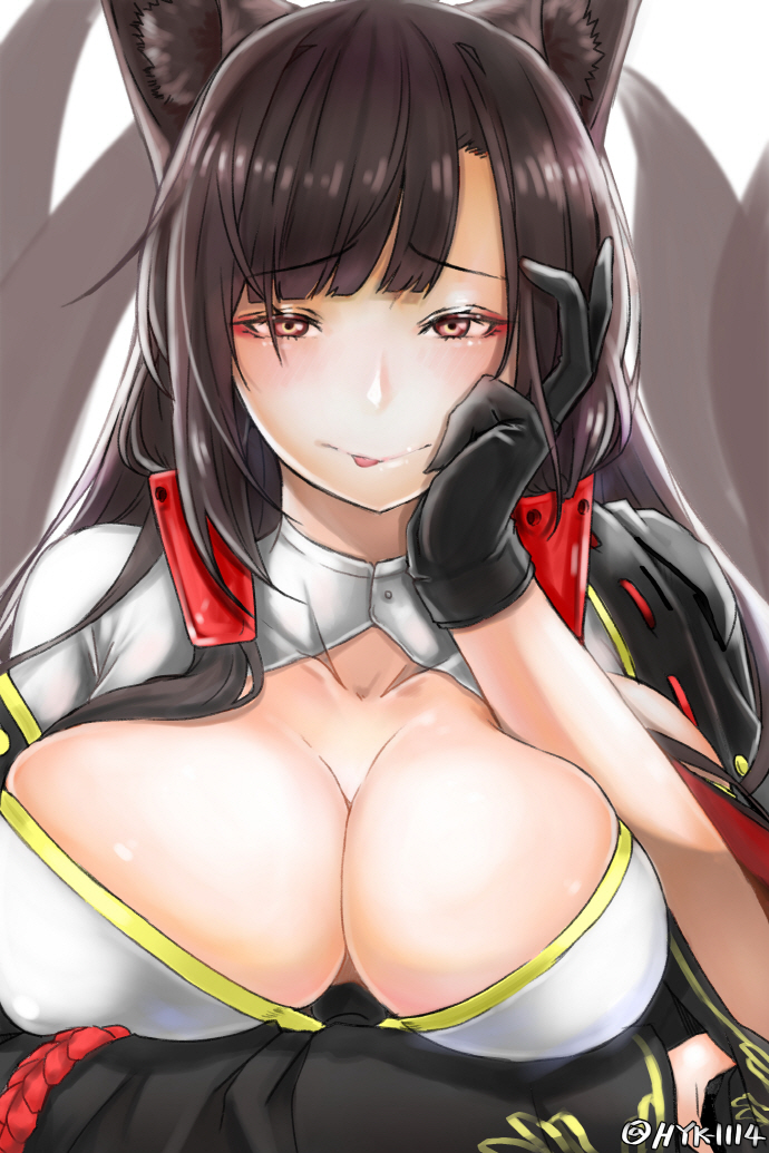 1girl akagi_(azur_lane) animal_ears arm_across_waist azur_lane bad_id bad_pixiv_id bangs black_hair blunt_bangs blush breasts cleavage collarbone commentary_request eyebrows_visible_through_hair eyeshadow fox_ears fox_tail framed_breasts gloves hair_ornament half-closed_eyes hand_on_own_arm hand_on_own_face japanese_clothes large_breasts long_hair looking_at_viewer makeup multiple_tails red_eyes seductive_smile sidelocks simple_background smile solo tail tongue tongue_out twitter_username white_background