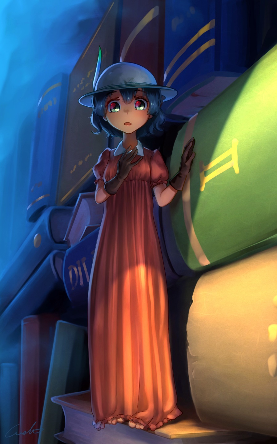 adapted_costume black_gloves blue_hair book book_stack commentary_request dress eyebrows_visible_through_hair gloves green_eyes hat hat_feather highres kaban_(kemono_friends) kemono_friends long_dress looking_at_viewer minigirl open_mouth puffy_short_sleeves puffy_sleeves red_dress short_hair short_sleeves signature solo welt_(kinsei_koutenkyoku) white_hat