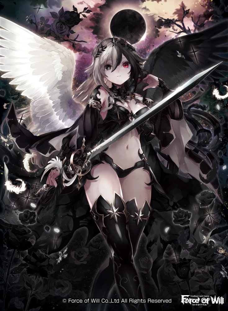 aimul_(force_of_will) black_eyes black_flower black_hair black_moon black_rose breasts cleavage cloud cloudy_sky company_name feathered_wings feathers flower force_of_will heterochromia leaf lingerie long_hair medium_breasts midriff moon multicolored_hair natsuiro_xx navel official_art red_eyes rose sky solo sparkle star sword thighhighs tiara two-tone_hair underwear weapon white_hair wings