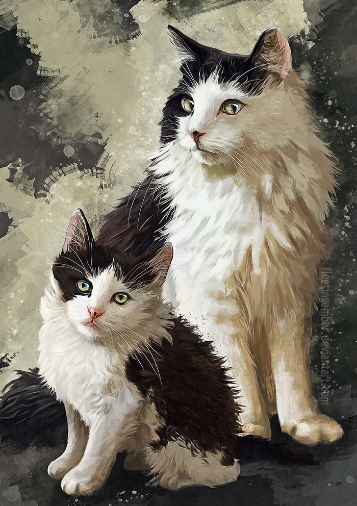 2018 ambiguous_gender black_fur cat digital_media_(artwork) duo feline feral fleetingember fur mammal whiskers white_fur