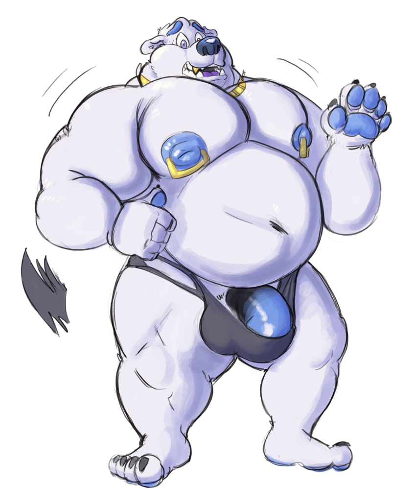 2018 4_toes 5_fingers anthro balls bear belly biceps bulge claws clothed clothing digital_media_(artwork) front_view fur half-erect huge_muscles hyper hyper_nipples jewelry male mammal musclegut muscular necklace nipple_piercing nipples open_mouth pecs penis piercing polar_bear shaded sharp_teeth simple_background skimpy solo standing stocky surprise tcw teeth toes topless underwear white_background