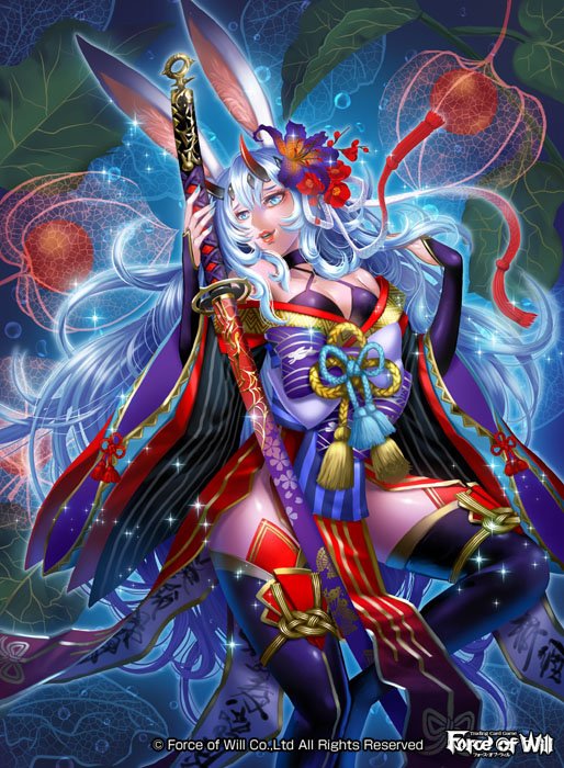animal_ears ayu_(force_of_will) blue_eyes blue_hair breasts bunny_ears cleavage company_name flower force_of_will hair_flower hair_ornament horns japanese_clothes katana leaf long_hair medium_breasts misa_tsutsui nail_polish official_art open_mouth solo sword teeth thighhighs weapon white_hair