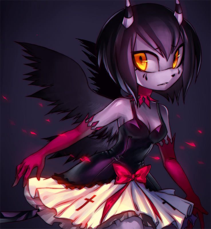 ann-jey clothing demon dress female horn long_tail looking_at_viewer multi_wing solo wings yellow_eyes