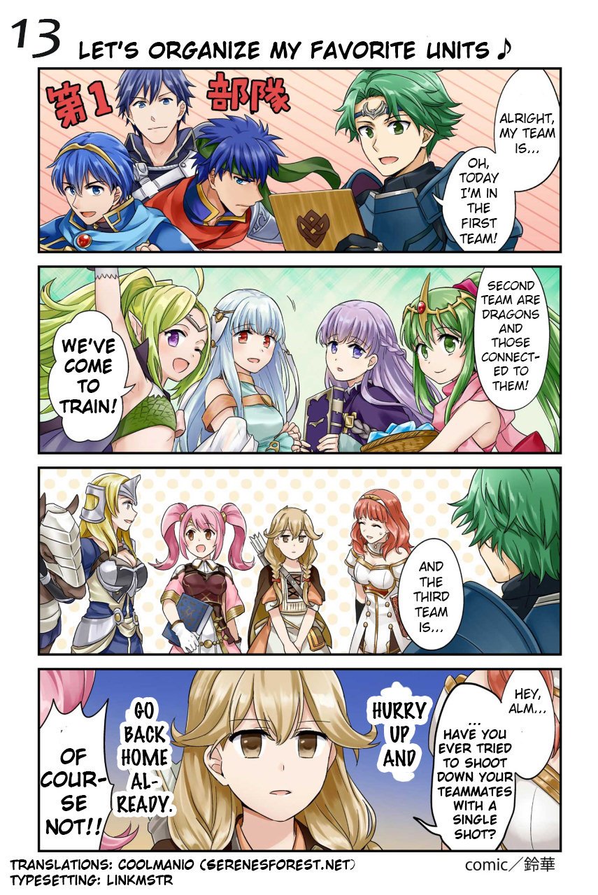 4boys 4koma 6+girls alm_(fire_emblem) animal arm_up armor bangs blonde_hair blue_eyes blue_hair book brown_eyes brown_hair cape celica_(fire_emblem) comic dress effie_(fire_emblem) eyebrows_visible_through_hair eyes_closed fire_emblem fire_emblem:_kakusei fire_emblem:_monshou_no_nazo fire_emblem:_souen_no_kiseki fire_emblem_echoes:_mou_hitori_no_eiyuuou fire_emblem_heroes gauntlets gloves green_eyes green_hair hair_ornament headband helmet highres holding holding_book horse ike jewelry juria0801 krom long_hair mae_(fire_emblem) marth matilda_(fire_emblem) multiple_boys multiple_girls ninian nono_(fire_emblem) official_art one_eye_closed open_mouth pink_hair purple_eyes quiver red_eyes red_hair short_hair short_sleeves simple_background smile tiara tiki translated twintails