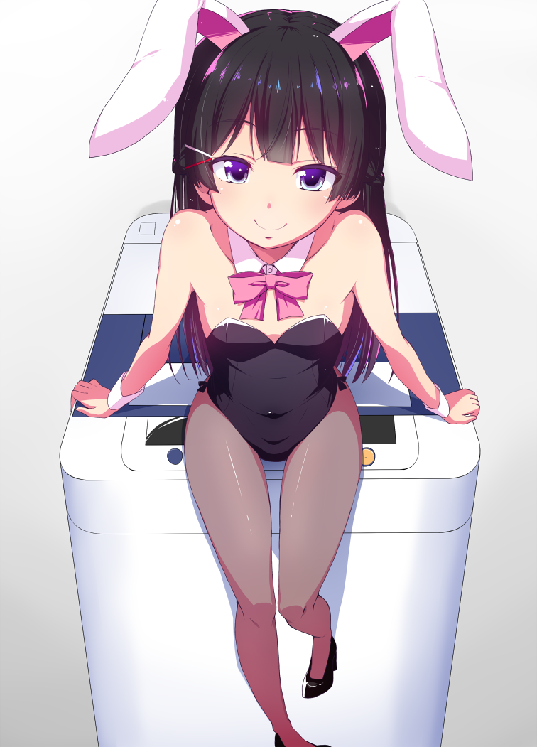 animal_ears bare_shoulders black_footwear black_hair bow bowtie bunny_ears bunnysuit commentary_request detached_collar hair_ornament hairclip long_hair looking_at_viewer natsumi_akira nijisanji pantyhose pink_bow pink_neckwear purple_eyes shoes sitting smile solo tsukino_mito virtual_youtuber washing_machine wrist_cuffs