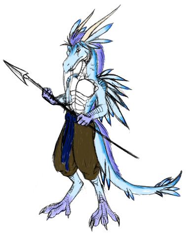 anthro claws clothed clothing dragon farok khei male melee_weapon polearm scalie scar solo spear topless weapon