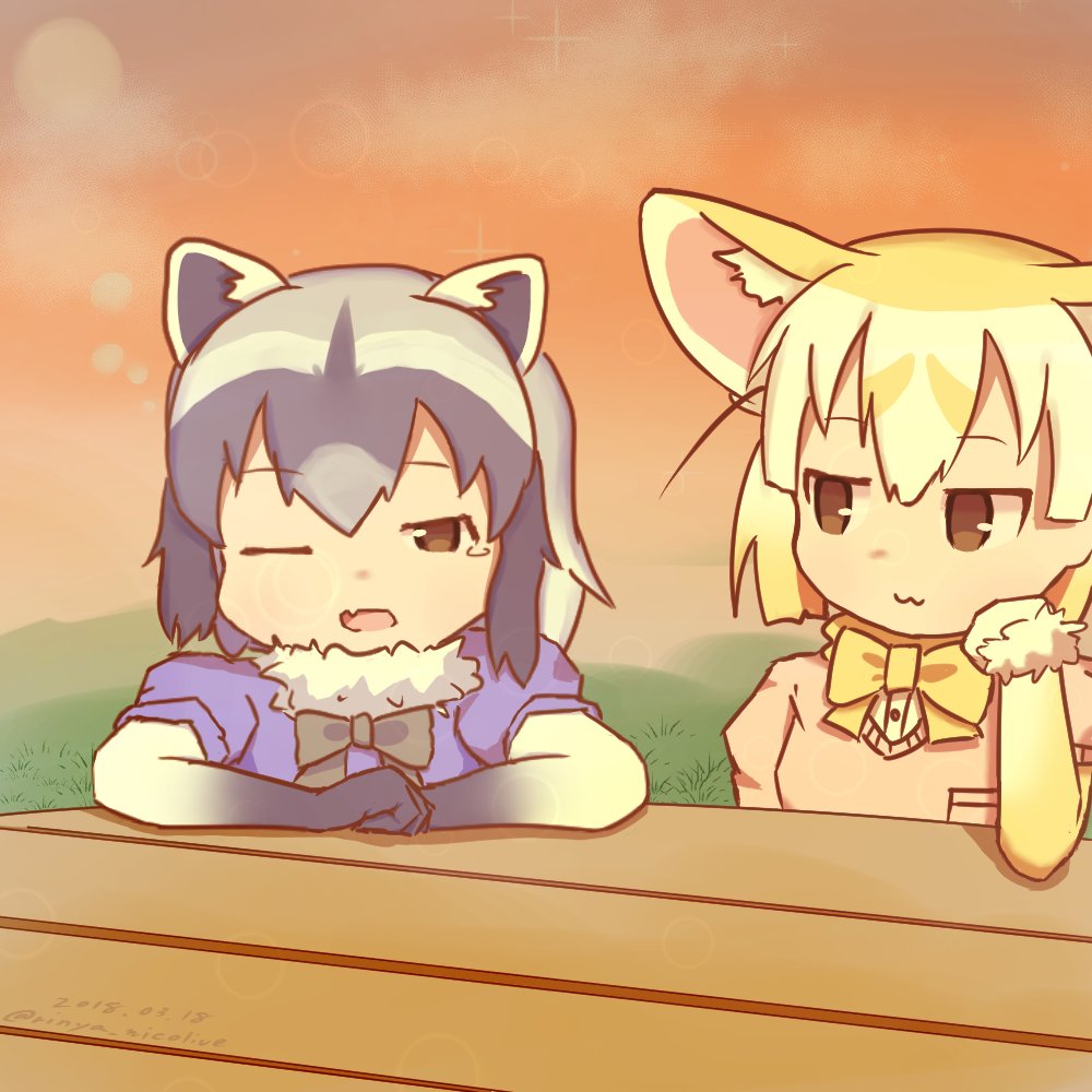 :3 animal_ears black_gloves black_neckwear blonde_hair bow bowtie breast_pocket brown_eyes chin_rest colo_(frypan_soul)_(style) commentary_request common_raccoon_(kemono_friends) dated evening fang fennec_(kemono_friends) fox_ears fur_collar fur_trim gloves grey_hair half-closed_eye jitome kemono_friends lens_flare looking_at_another multicolored_hair multiple_girls one_eye_closed outdoors pink_sweater pocket raccoon_ears rinya_(makaroni-rinya) short_sleeve_sweater sky sparkle sweater tears twitter_username upper_body white_gloves yellow_neckwear