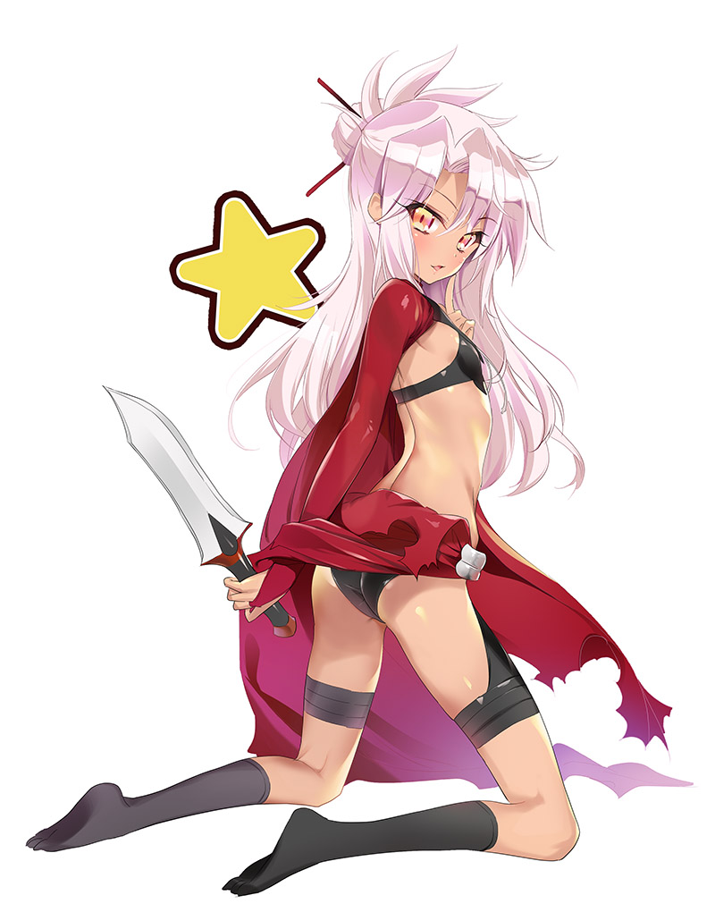 ass bangs bikini black_bikini black_legwear blush breasts brown_eyes chloe_von_einzbern commentary_request dagger dark_skin eyebrows_visible_through_hair fate/kaleid_liner_prisma_illya fate_(series) hair_between_eyes hair_bun holding holding_dagger holding_weapon jacket kneehighs kneeling long_hair looking_at_viewer looking_to_the_side magical_girl no_shoes open_clothes open_jacket parted_lips red_jacket silver_hair small_breasts solo star swimsuit weapon white_background youta