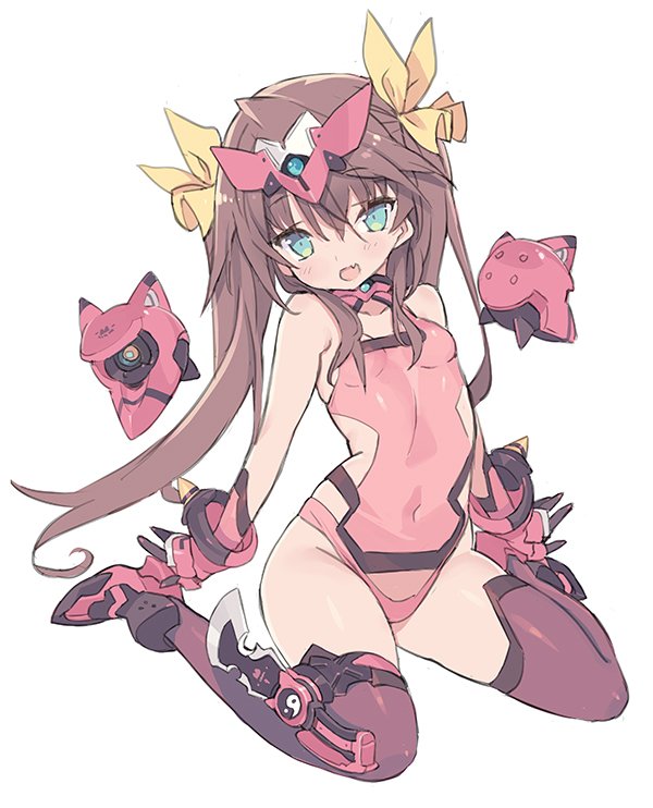 :d arm_support bangs bare_shoulders blade_(galaxist) blush bow breasts brown_hair brown_legwear commentary_request covered_navel eyebrows_visible_through_hair fang full_body gloves green_eyes hair_between_eyes hair_bow head_tilt headgear huang_lingyin infinite_stratos leotard long_hair open_mouth pink_footwear pink_gloves pink_leotard robot shoes sidelocks simple_background sitting small_breasts smile solo thighhighs twintails very_long_hair wariza white_background yellow_bow