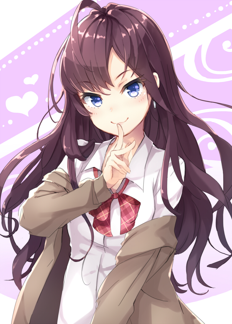 ahoge blue_eyes blush bow bowtie brown_hair cardigan commentary_request dress_shirt earrings finger_to_mouth ichinose_shiki idolmaster idolmaster_cinderella_girls jewelry kuresuku_(lessons) long_hair loose_bowtie off_shoulder open_cardigan open_clothes school_uniform shirt smile solo wavy_hair
