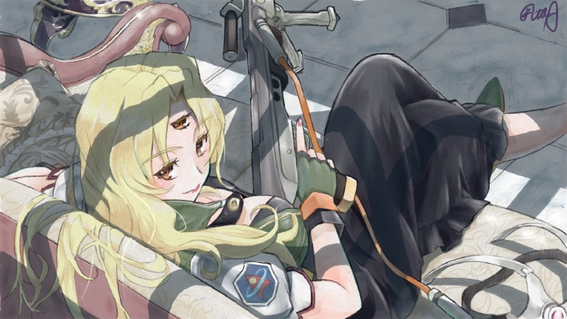 black_skirt blonde_hair breasts brown_eyes closed_mouth couch crossed_legs extra_eyes eyebrows eyebrows_visible_through_hair eyelashes fingerless_gloves fingernails gloves green_footwear green_gloves gun hair_intakes hanabusa_(xztr3448) holding holding_gun holding_weapon lips long_hair long_skirt looking_back medium_breasts nail_polish opera_vectra pink_lips pink_nails shadow shoes short_sleeves signature sitting skirt smile solo star_ocean star_ocean_the_second_story third_eye trigger_discipline wavy_hair weapon