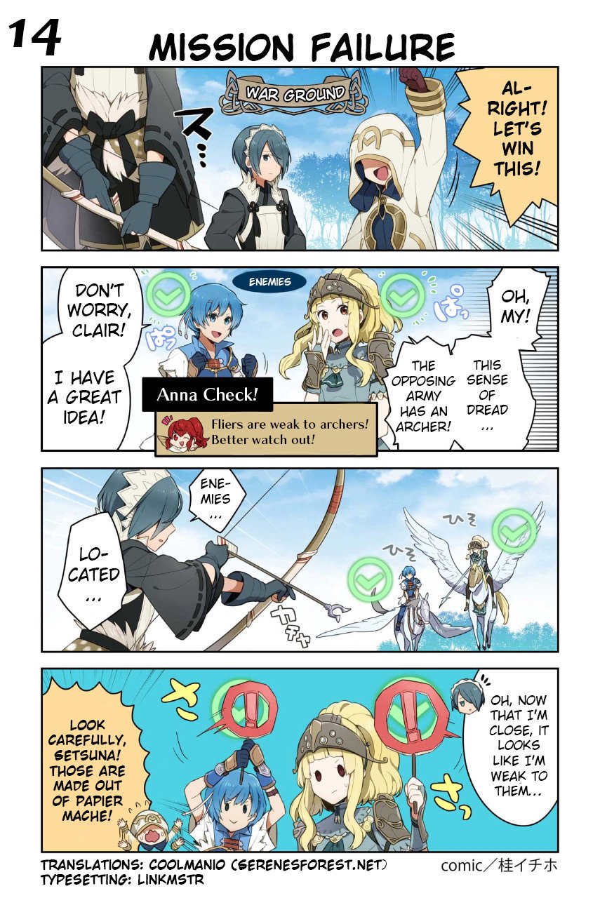 1boy 3girls 4koma anna_(fire_emblem) arrow bangs blonde_hair blue_eyes blue_hair bow_(weapon) bridal_gauntlets brown_eyes clair_(fire_emblem) comic day expressionless fire_emblem fire_emblem:_fuuin_no_tsurugi fire_emblem_echoes:_mou_hitori_no_eiyuuou fire_emblem_if gloves hair_ornament hair_over_one_eye helmet highres holding holding_bow_(weapon) holding_weapon hood japanese_clothes juria0801 long_hair multiple_girls official_art open_mouth outdoors pegasus pegasus_knight red_hair setsuna_(fire_emblem_if) short_hair smile summoner_(fire_emblem_heroes) thany translated weapon wide_sleeves wings