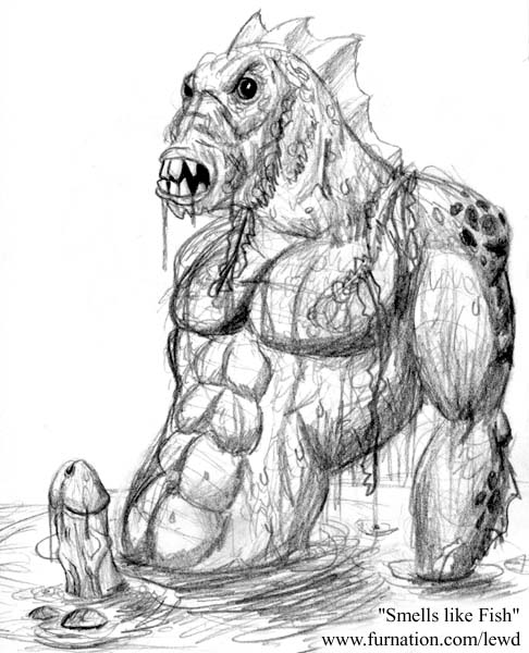 anthro erection fish lewd_(artist) marine monster muscular penis teeth water wet