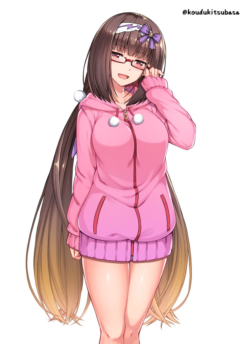 :d adjusting_eyewear arm_at_side benitsuki_tsubasa blonde_hair blush bow breasts brown_hair drawstring fate/grand_order fate_(series) feet_out_of_frame glasses hair_bow hairband half-closed_eyes hand_up head_tilt hood hoodie legs_together long_hair long_sleeves looking_at_viewer low_twintails medium_breasts no_pants open_mouth osakabe-hime_(fate/grand_order) pink_hoodie pocket pom_pom_(clothes) purple_bow red-framed_eyewear red_eyes simple_background sleeves_past_wrists smile solo standing thighs twintails twitter_username two-tone_hairband very_long_hair white_background zipper
