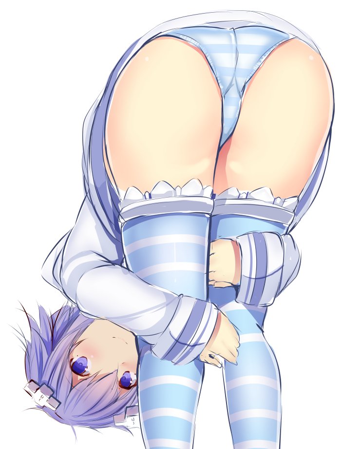 ass bent_over blush commentary_request d-pad d-pad_hair_ornament daiaru from_behind hair_ornament hood hooded_jacket jacket legs_grab looking_at_viewer neptune_(choujigen_game_neptune) neptune_(series) panties pantyshot purple_eyes purple_hair short_hair simple_background smile solo striped striped_legwear striped_panties thighhighs thighs top-down_bottom-up underwear white_background