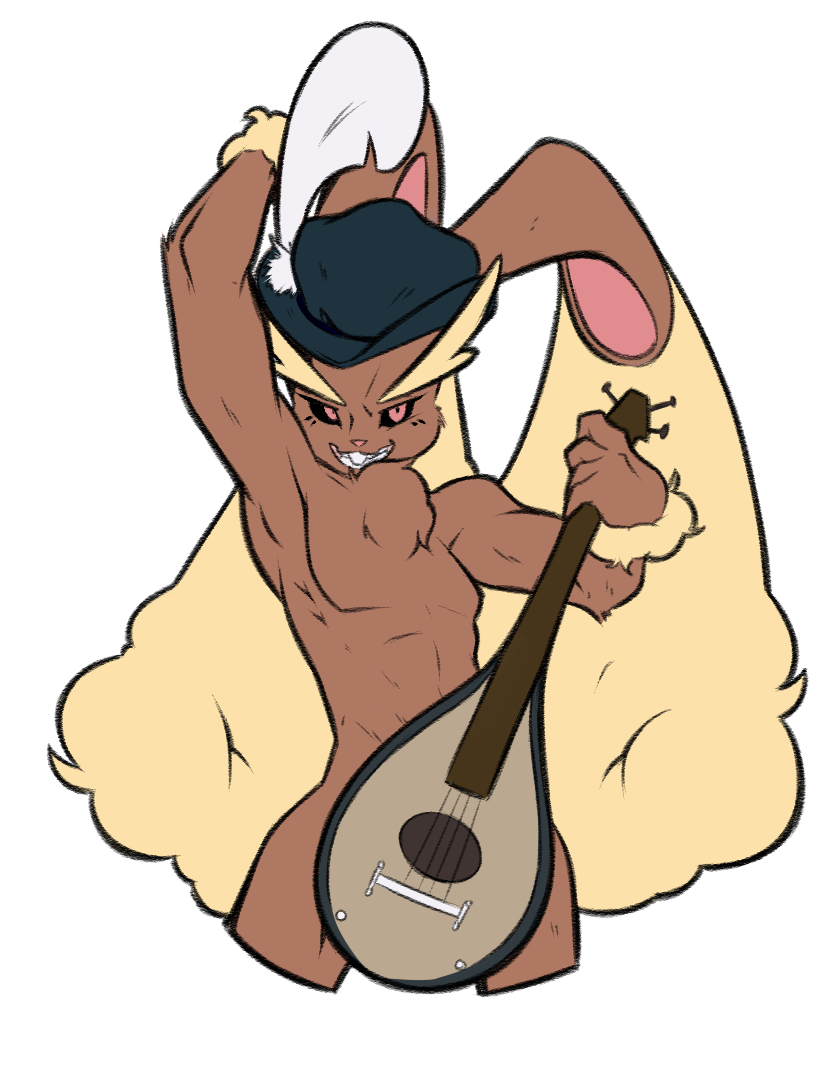 anthro dorian-bc fur grin hat humanoid lagomorph lopunny lute male mammal musical_instrument nintendo nude pok&eacute;mon pok&eacute;mon_(species) red_eyes simple_background smile solo the-overfiend timothy_vladislaus video_games