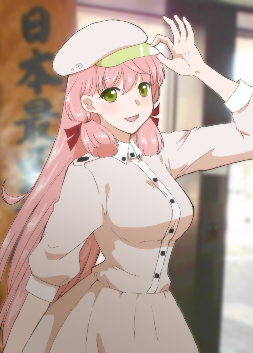 :d akashi_(kantai_collection) alternate_hairstyle arm_at_side arm_up blurry blurry_background blush breasts cabbie_hat casual depth_of_field enami_(e373) eyebrows_visible_through_hair green_eyes hair_ribbon hand_on_headwear hat highres kantai_collection long_hair looking_at_viewer medium_breasts open_mouth outdoors pink_hair red_neckwear ribbon shiny shiny_hair sidelocks sign sleeves_past_elbows smile solo straight_hair tareme tress_ribbon very_long_hair white_coat white_hat wing_collar
