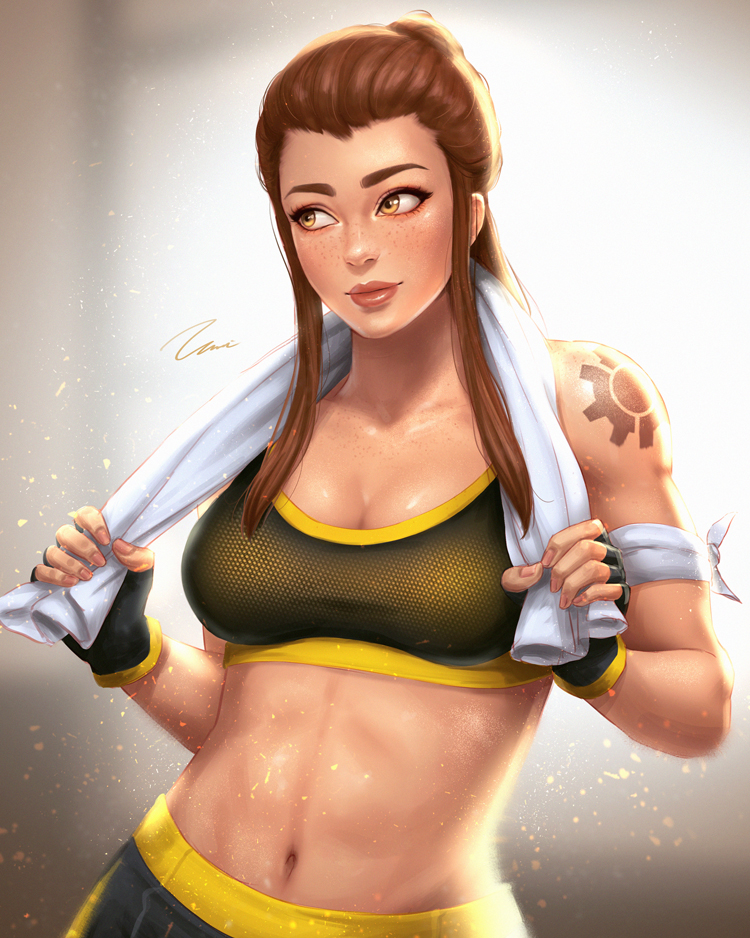 arm_tattoo breasts brigitte_(overwatch) brown_eyes brown_hair cleavage fingerless_gloves freckles gloves medium_breasts navel overwatch ponytail smile solo sports_bra stomach sweat tattoo toned towel umigraphics upper_body