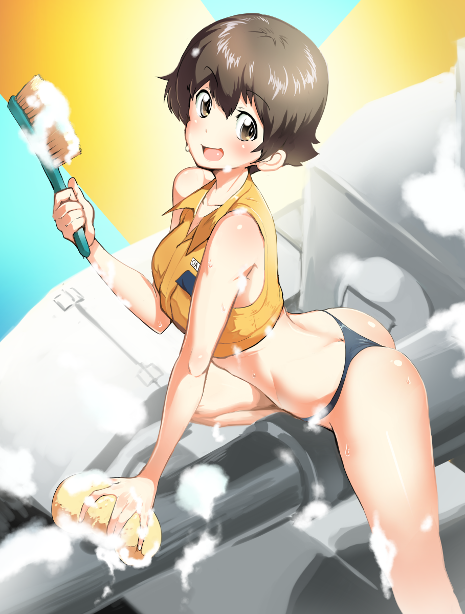 :d ass bangs bare_arms bare_shoulders bikini_bottom black_bikini_bottom blue_background blush breast_pocket brown_eyes brown_hair brush butt_crack cleaning cleaning_brush collarbone collared_vest commentary_request crop_top cropped_vest eyebrows_visible_through_hair from_above girls_und_panzer ground_vehicle hair_between_eyes highres holding looking_at_viewer mechanic military military_vehicle motor_vehicle nakajima_(girls_und_panzer) open_mouth pocket sasaki_tatsuya shiny shiny_hair shiny_skin short_hair smile soap solo sponge straddling tank two-tone_background vest wet yellow_background yellow_vest