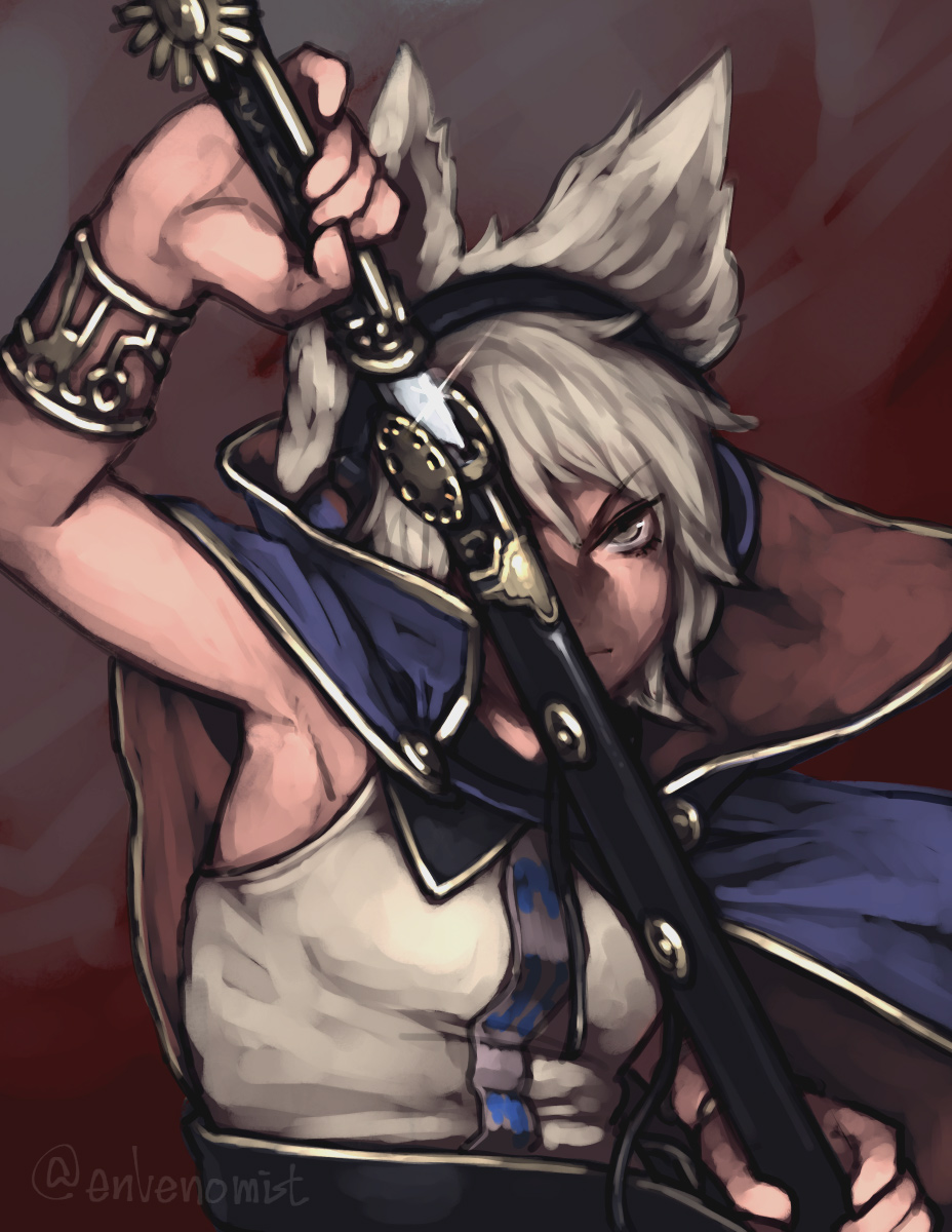 &gt;:( armpits bare_arms blonde_hair bracelet cape closed_mouth collared_cape earmuffs gengoroumaru_(ambidextrous) high_collar highres holding holding_sheath holding_sword holding_weapon jewelry looking_at_viewer medium_hair pointy_hair serious sheath shirt sleeveless sleeveless_shirt solo sword touhou toyosatomimi_no_miko unsheathing upper_body v-shaped_eyebrows weapon yellow_eyes