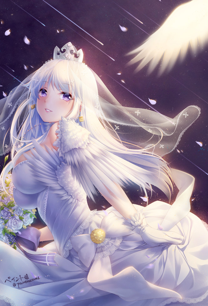 artist_name azur_lane bangs blush bouquet breasts bridal_veil crown dress earrings enterprise_(azur_lane) eyebrows_visible_through_hair flower gloves holding jewelry large_breasts long_hair looking_at_viewer looking_back mini_crown parted_lips petals purple_eyes smile solo standing twitter_username veil white_dress white_gloves white_hair youqiniang