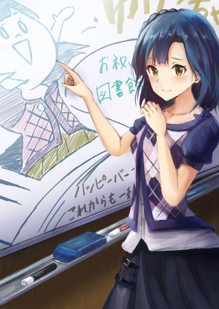 blue_hair blush commentary_request idolmaster idolmaster_million_live! idolmaster_million_live!_theater_days kisuke1212 looking_at_viewer nanao_yuriko partially_translated pointing short_hair smile solo translation_request whiteboard yellow_eyes
