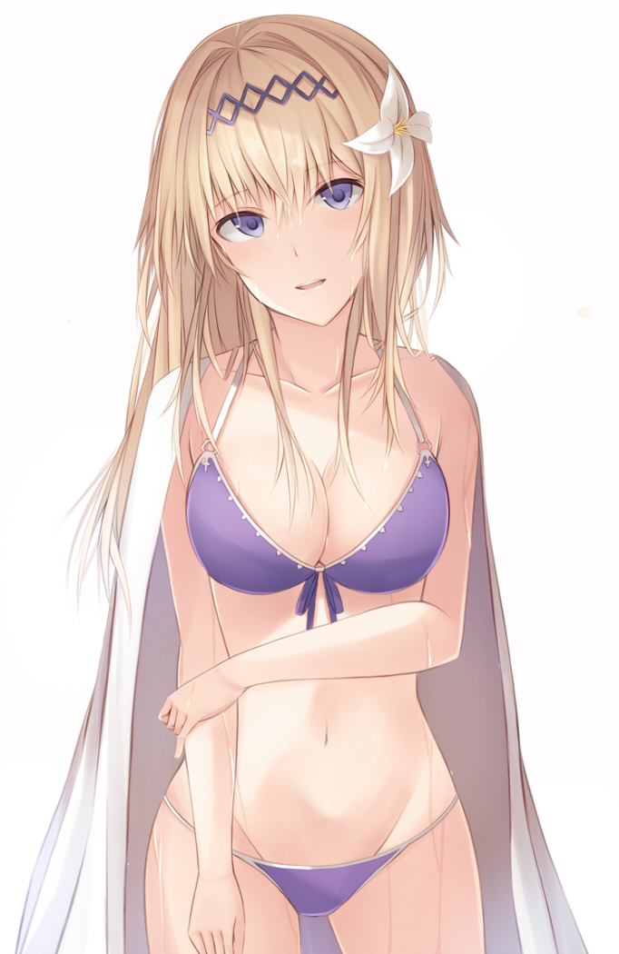 bikini blonde_hair blue_bikini blue_eyes breasts cleavage flower front-tie_top granblue_fantasy hair_flower hair_ornament hairband jeanne_d'arc_(granblue_fantasy) kanpyou_(hghgkenfany) long_hair looking_at_viewer medium_breasts navel parted_lips purple_bikini simple_background smile solo standing swimsuit towel white_background