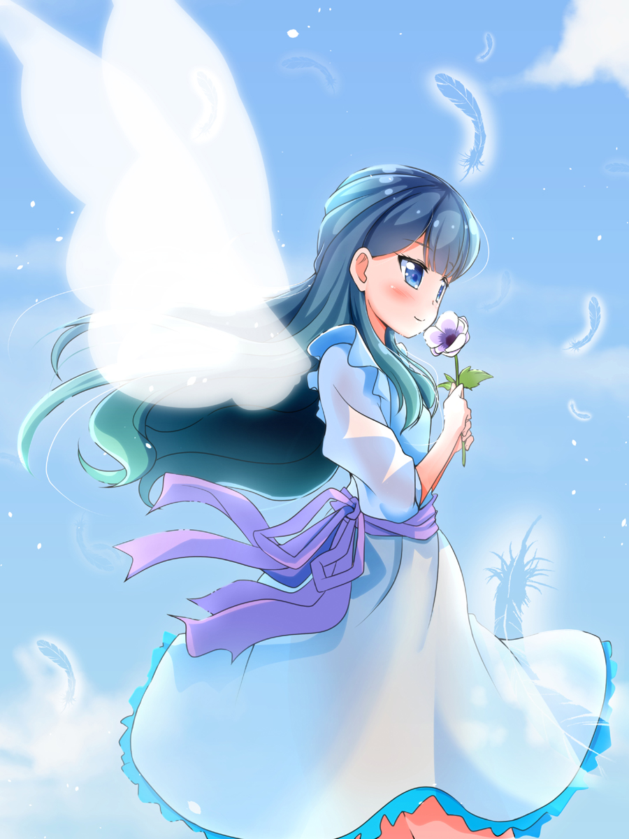 blue_background blue_dress blue_eyes blue_hair bow closed_mouth cloud cowboy_shot dress feathers flower highres holding holding_flower hugtto!_precure long_hair precure purple_bow sky smile solo teliga white_wings wings yakushiji_saaya