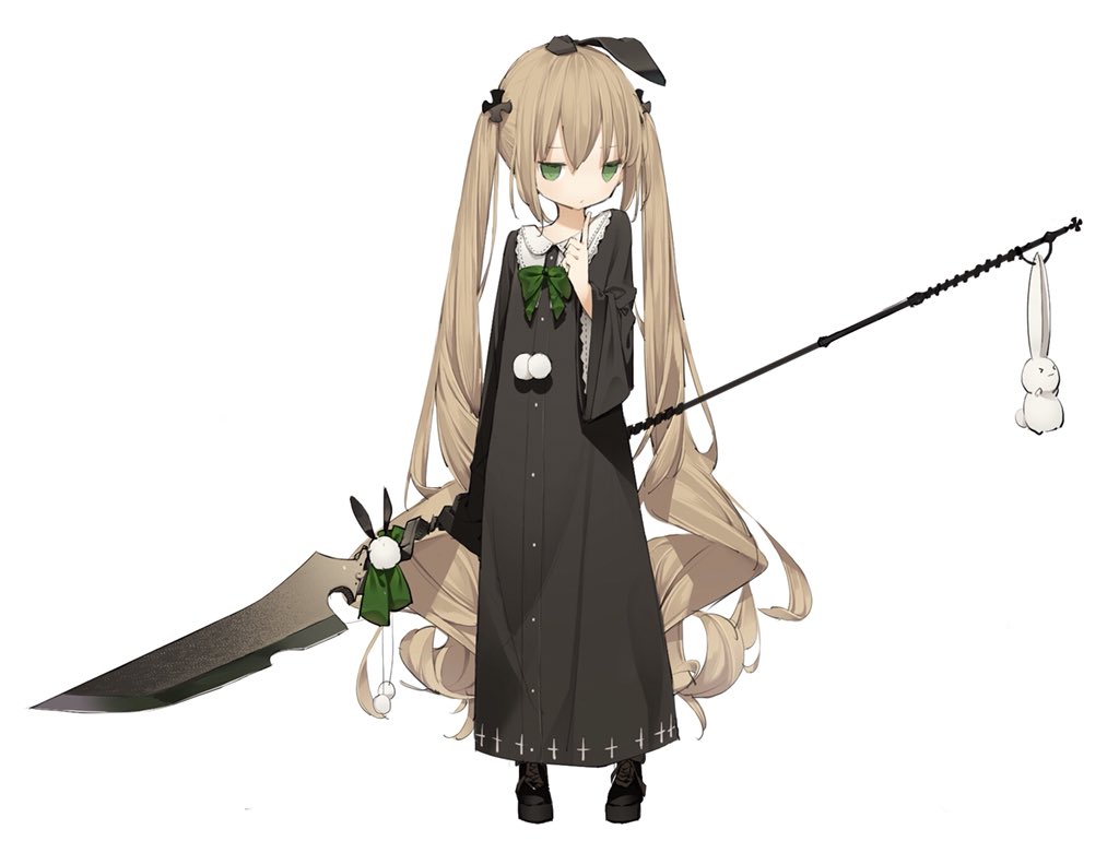 bangs black_dress black_footwear black_ribbon boots bow brown_hair closed_mouth commentary copyright_request dress eyebrows_visible_through_hair glaive green_bow green_eyes hair_between_eyes hair_ribbon holding holding_weapon jitome long_hair long_sleeves low_twintails mabuta_(byc0yqf4mabye5z) pom_pom_(clothes) ribbon simple_background solo stuffed_animal stuffed_bunny stuffed_toy twintails very_long_hair weapon white_background wide_sleeves