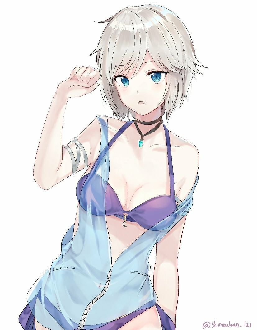 :o anastasia_(idolmaster) arm_strap bangs bare_shoulders bikini bikini_under_clothes black_choker blue_eyes blue_vest breasts choker collarbone commentary_request crescent eyebrows_visible_through_hair gem hair_between_eyes hand_up head_tilt idolmaster idolmaster_cinderella_girls jewelry looking_at_viewer navel necklace off_shoulder pale_skin parted_bangs pocket purple_bikini see-through shiny shiny_hair short_hair side-tie_bikini silver_hair simple_background small_breasts solo swimsuit twitter_username vest white_background yurumawari zipper zipper_pull_tab