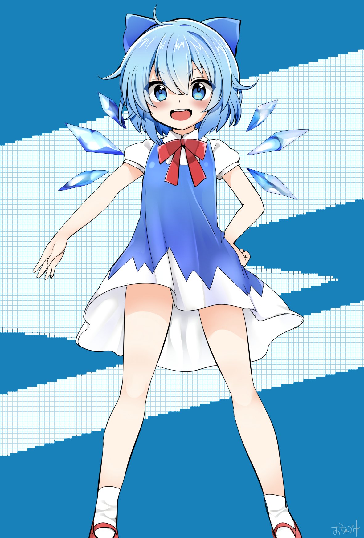 artist_name bangs bare_arms bare_legs blue_background blue_bow blue_dress blue_eyes blue_hair bow cirno dress eyebrows_visible_through_hair hair_between_eyes hair_bow hand_on_hip highres ice ice_wings looking_at_viewer ochazuke open_mouth red_footwear red_neckwear shoes short_dress short_sleeves signature socks solo standing touhou two-tone_background white_legwear wings