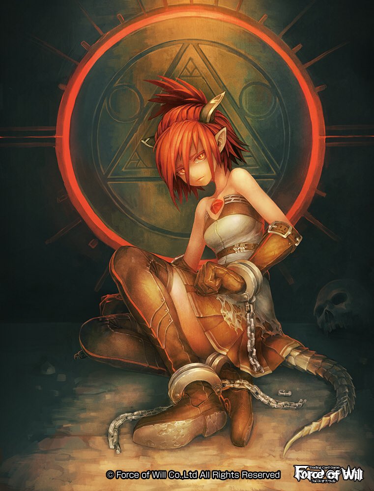 artist_request bangs bare_shoulders belt boots broken broken_chain brown_footwear brown_gloves brown_legwear brown_skirt buckle chain chest_jewel company_name copyright_name cuffs dragon_tail force_of_will full_body gloves horns leather leather_gloves light_frown looking_at_viewer magic_circle official_art on_floor orange_eyes pleated_skirt pointy_ears red_eyes red_hair shackles shoe_soles sitting skirt skull solo strapless sylvia_gill_palarilias_(force_of_will) tail thighhighs tied_hair torn_clothes tubetop zettai_ryouiki