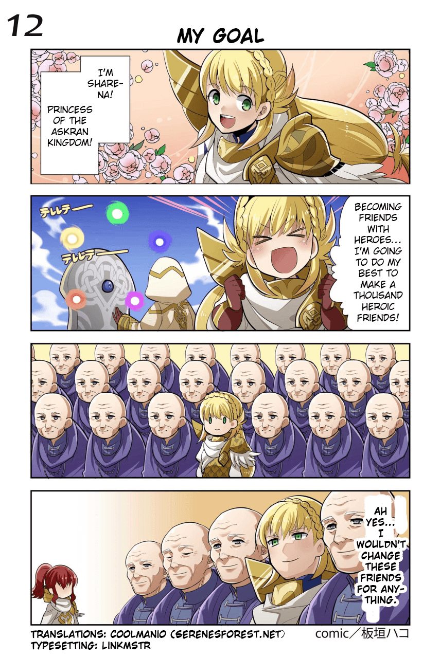 2boys 2girls 4koma anna_(fire_emblem) bald blonde_hair blue_sky blush braid brown_gloves clenched_hand cloud comic crown_braid eyes_closed faceless faceless_male fire_emblem fire_emblem:_monshou_no_nazo fire_emblem_heroes flower gameplay_mechanics gloves green_eyes highres hood juria0801 long_hair long_sleeves multicolored_hair multiple_boys multiple_girls official_art open_mouth red_hair riff_(fire_emblem) sharena sky smile summoner_(fire_emblem_heroes) translated