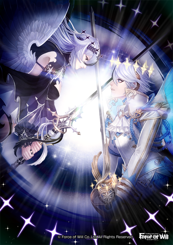 aimul_(force_of_will) black_eyes black_hair blue_eyes breasts cleavage company_name feathered_wings force_of_will grimm_(force_of_will) long_hair medium_breasts multicolored_hair official_art siblings sparkle star sword teeth tiara two-tone_hair weapon white_hair wings