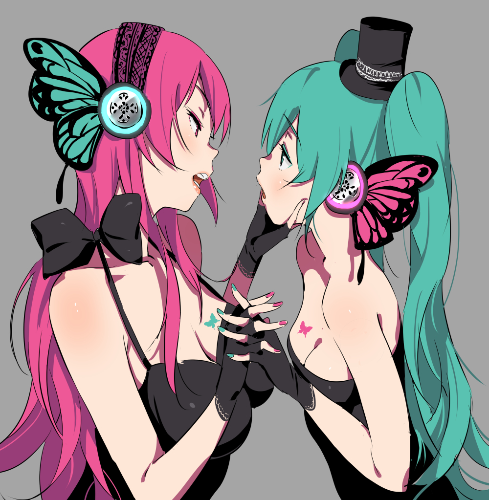 bad_id bad_pixiv_id eye_contact fingerless_gloves gloves green_hair hand_on_another's_chin hat hatsune_miku holding_hands interlocked_fingers long_hair looking_at_another magnet_(vocaloid) megurine_luka mini_hat mini_top_hat multiple_girls nail_polish open_mouth red_hair senjitsu_musou top_hat twintails vocaloid yuri