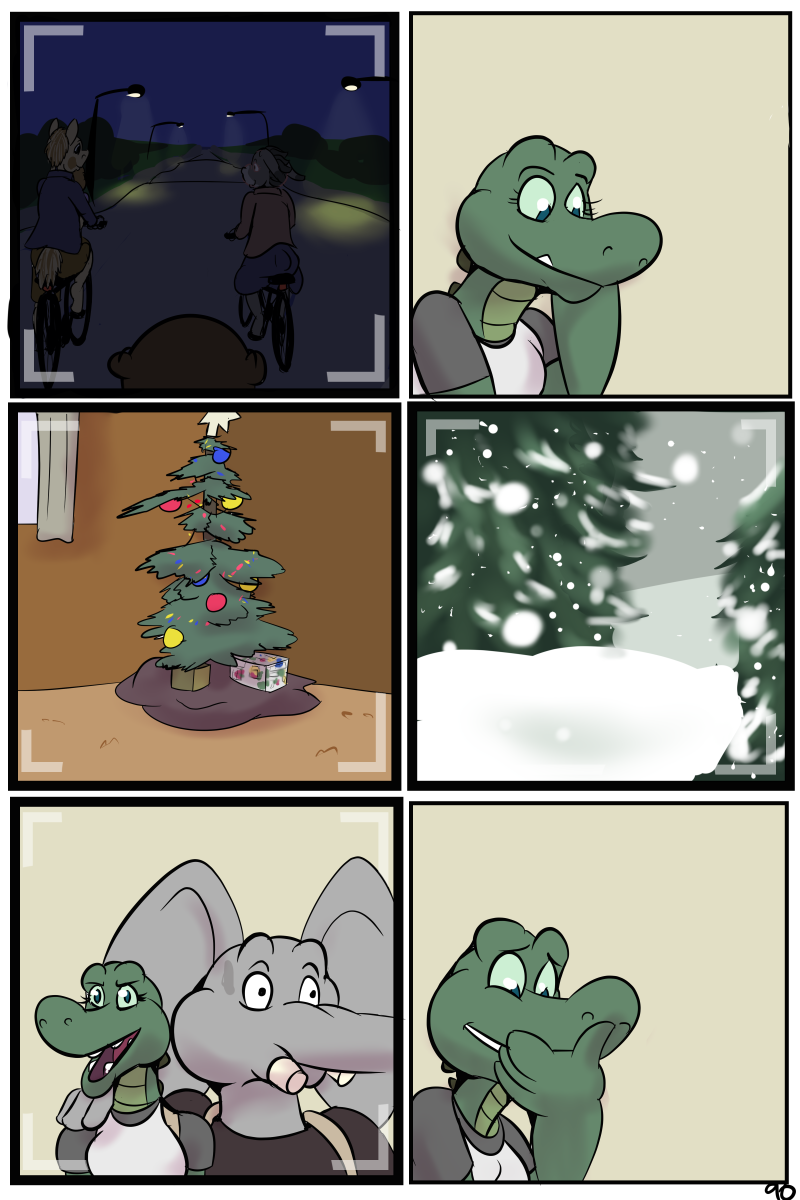 alligator angie_(study_partners) bicycle breasts christmas christmas_tree clothed clothing comic crocodilian donkey elephant equine female gift holidays horse jennifer_(study_partners) male mammal open_mouth pine_tree ragdoll_(study_partners) reptile scalie smile snow study_partners thunderouserections tree young