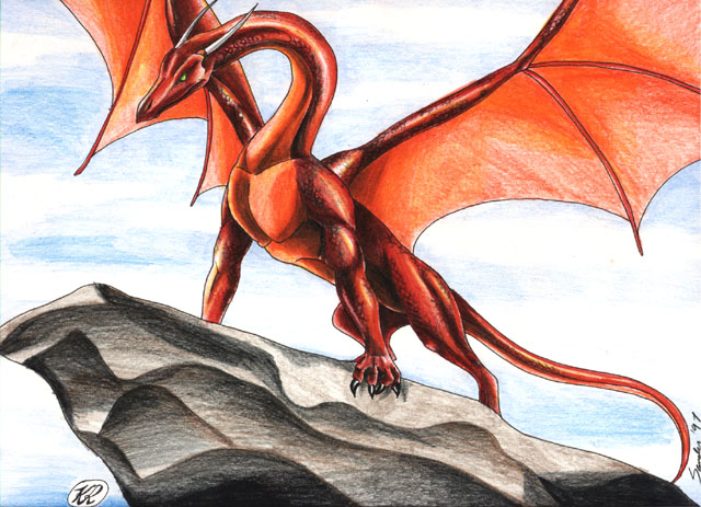1997 claws dragon feral horn krahnos_(artist) scalie sky solo western_dragon wings