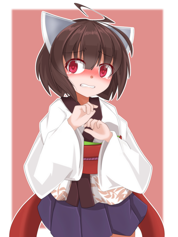 ahoge ao_(aoblueao) bangs blue_skirt blush brown_hair clenched_teeth eyebrows_visible_through_hair hair_between_eyes hands_up headgear japanese_clothes kimono long_sleeves looking_at_viewer nose_blush obi parted_lips pleated_skirt print_kimono red_eyes sash short_hair short_kimono skirt solo tears teeth touhoku_kiritan voiceroid white_kimono wide_sleeves