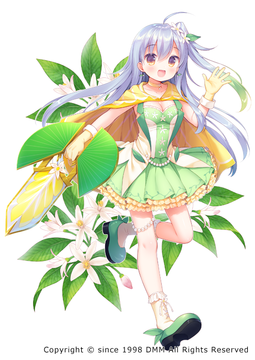 :d bangs blush bobby_socks breasts brown_eyes choker cleavage commentary_request eyebrows_visible_through_hair flower flower_knight_girl full_body gloves green_footwear green_shirt green_skirt hair_between_eyes hand_up lemon_(flower_knight_girl) long_hair medium_breasts object_namesake official_art one_side_up open_mouth shirt shoes silver_hair skirt smile socks solo standing standing_on_one_leg strapless usashiro_mani very_long_hair vest white_background white_flower white_legwear white_vest yellow_cape yellow_choker yellow_gloves