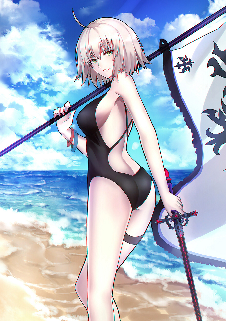 1girl ahoge ass backless_outfit bangle bangs banner bare_arms bare_shoulders beach black_swimsuit blue_sky bracelet breasts casual_one-piece_swimsuit cloud cloudy_sky day eyebrows_visible_through_hair fate/grand_order fate_(series) from_behind hair_between_eyes highres holding holding_sword holding_weapon horizon jeanne_d'arc_(alter)_(fate) jeanne_d'arc_(fate)_(all) jewelry large_breasts looking_at_viewer looking_back medium_hair ocean one-piece_swimsuit outdoors pale_skin parted_lips sand shiguru shiny shiny_hair sideboob silver_hair sky smile solo standing swimsuit sword thigh_strap weapon yellow_eyes